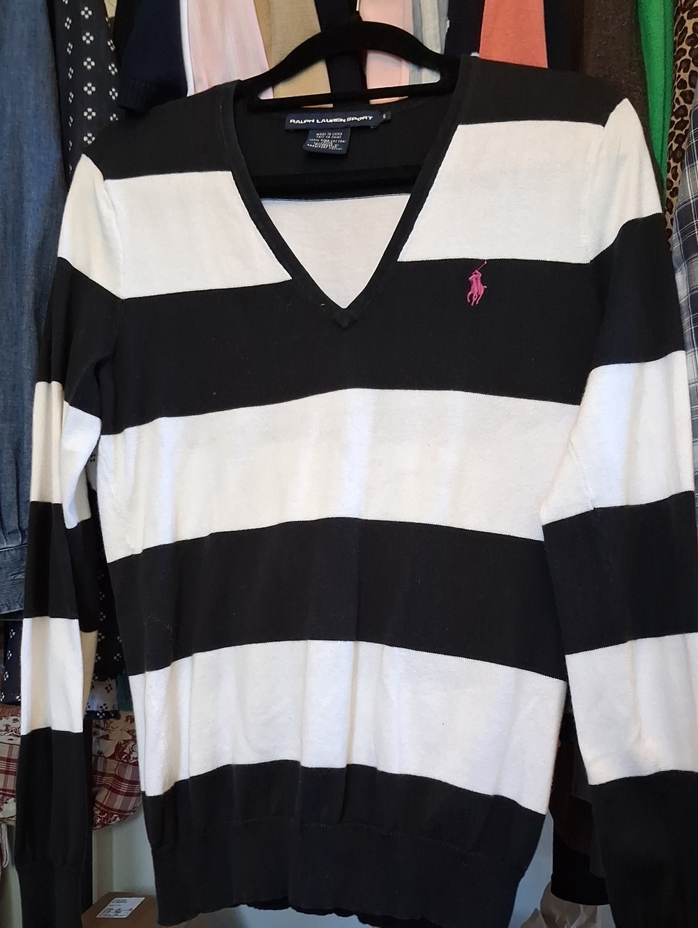 Vtg Ralph Lauren Black Navy & White Striped V-Neck Sweater with Pink Pony S